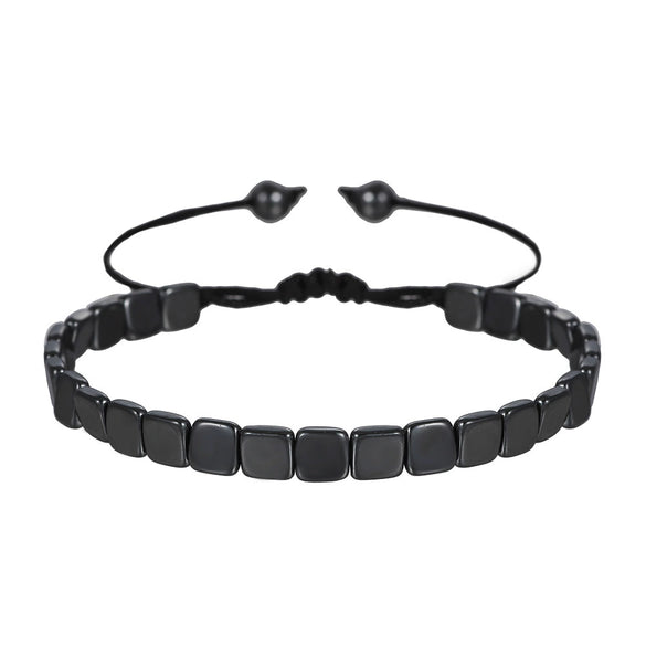 Bracelet Black Gall Stone Geometric Handmade Square Round Rivet Flat Beads Unisex