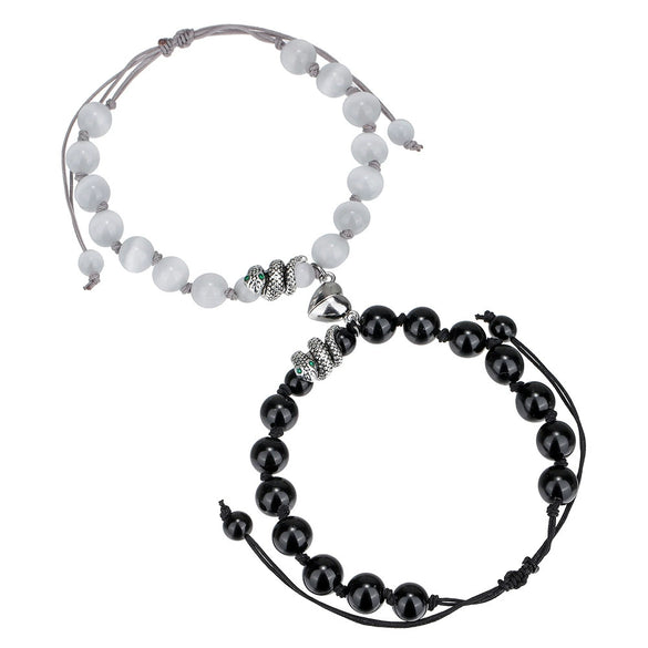 Bracelet Black Onyx White Cat's Eyes Beaded Snake Geometric Handmade Magnet Unisex