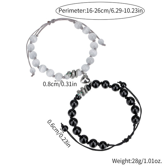 Bracelet Black Onyx White Cat's Eyes Beaded Snake Geometric Handmade Magnet Unisex