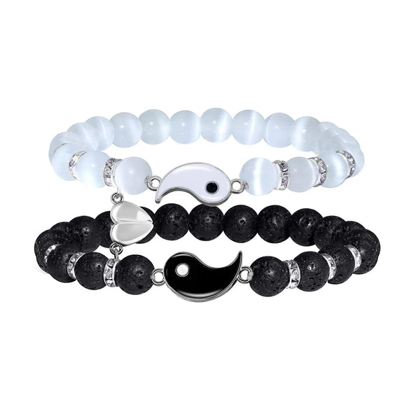 Bracelet Black Onyx White Cat's Eyes Beaded Snake Geometric Handmade Magnet Unisex