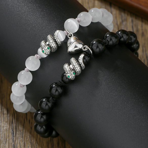 Bracelet Black Onyx White Cat's Eyes Beaded Snake Geometric Handmade Magnet Unisex