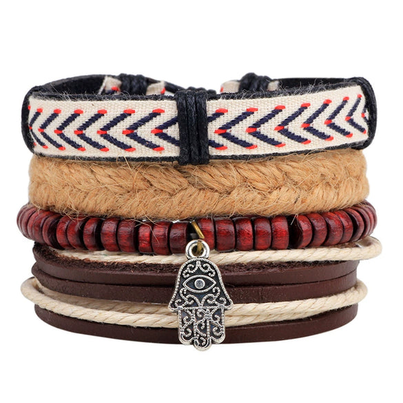 Bracelet Cowhide Strap Ship Anchor Wooden Beads Handmade Woven Retro Style Bow Pattern Unisex