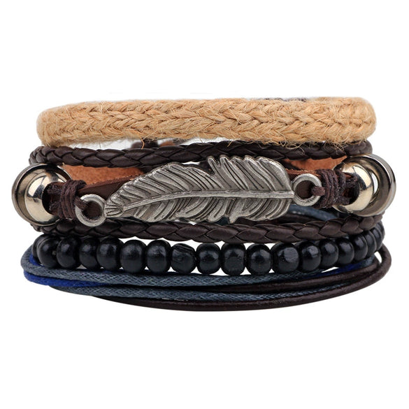 Bracelet Cowhide Strap Ship Anchor Wooden Beads Handmade Woven Retro Style Bow Pattern Unisex