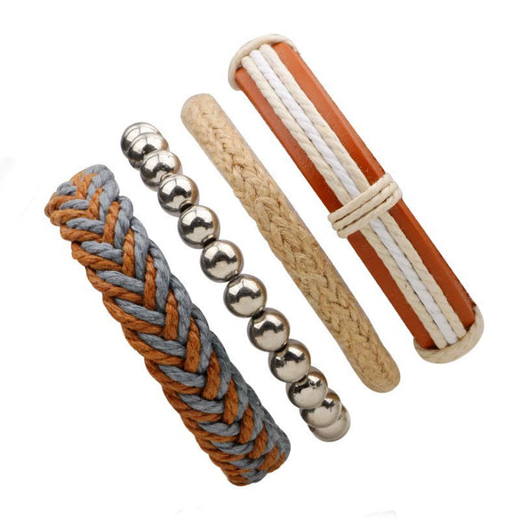 Bracelet Cowhide Strap Ship Anchor Wooden Beads Handmade Woven Retro Style Bow Pattern Unisex