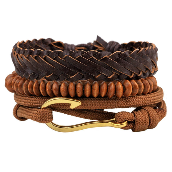 Bracelet Cowhide Strap Ship Anchor Wooden Beads Handmade Woven Retro Style Bow Pattern Unisex