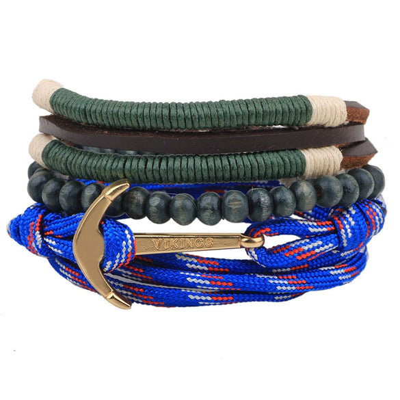 Bracelet Cowhide Strap Ship Anchor Wooden Beads Handmade Woven Retro Style Bow Pattern Unisex