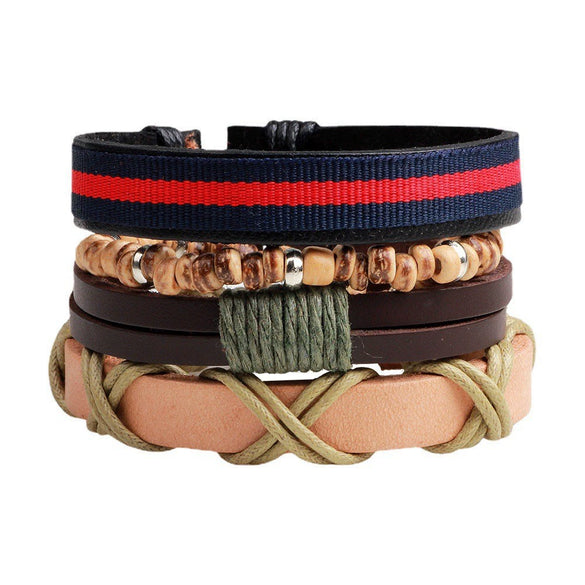 Bracelet Cowhide Strap Ship Anchor Wooden Beads Handmade Woven Retro Style Bow Pattern Unisex