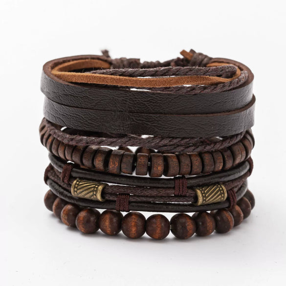 Bracelet Cowhide Strap Ship Anchor Wooden Beads Handmade Woven Retro Style Bow Pattern Unisex