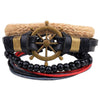 Bracelet Cowhide Strap Ship Anchor Wooden Beads Handmade Woven Retro Style Bow Pattern Unisex