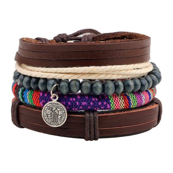 Bracelet Cowhide Strap Ship Anchor Wooden Beads Handmade Woven Retro Style Bow Pattern Unisex