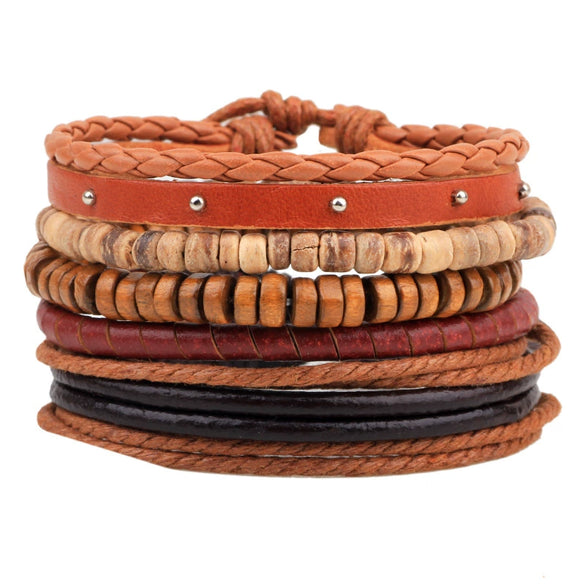 Bracelet Cowhide Strap Ship Anchor Wooden Beads Handmade Woven Retro Style Bow Pattern Unisex