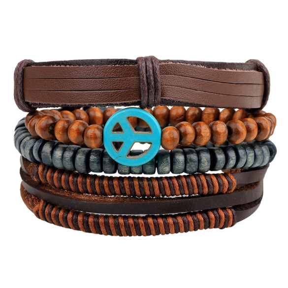 Bracelet Cowhide Strap Ship Anchor Wooden Beads Handmade Woven Retro Style Bow Pattern Unisex