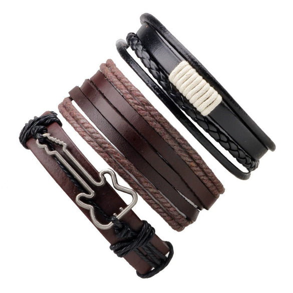 Bracelet Cowhide Strap Ship Anchor Wooden Beads Handmade Woven Retro Style Bow Pattern Unisex