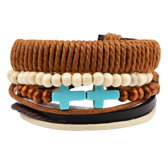Bracelet Cowhide Strap Ship Anchor Wooden Beads Handmade Woven Retro Style Bow Pattern Unisex