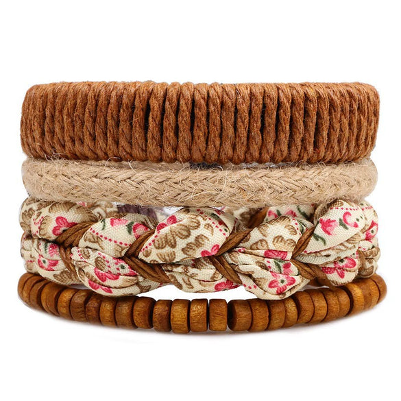 Bracelet Cowhide Strap Ship Anchor Wooden Beads Handmade Woven Retro Style Bow Pattern Unisex
