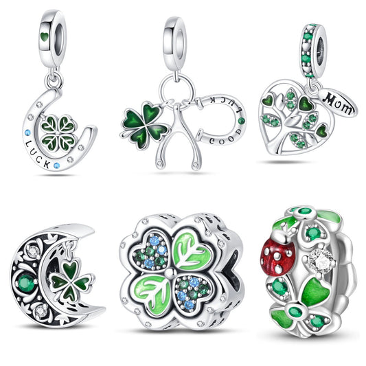 Bracelet Diy Accessories Copper Plated 925 Silver Green Horseshoe Four Leaf Clover Hanging Beads Dripping Oil