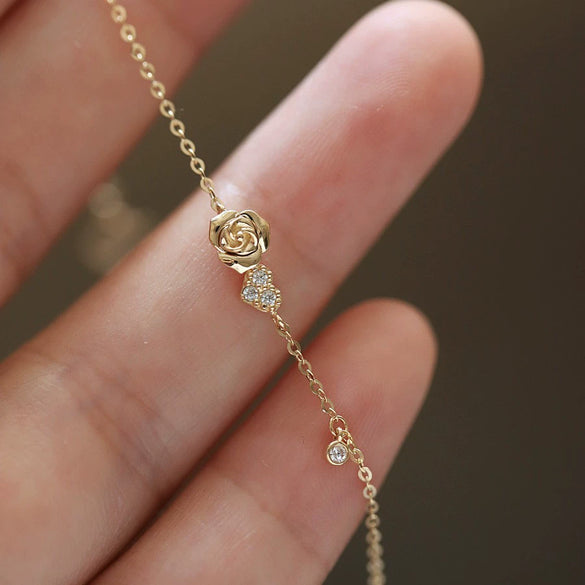 Bracelet Heartshaped S925 Sterling Silver Plated 14K Gold French Women's Diamond Flower Style