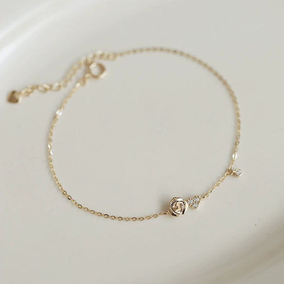 Bracelet Heartshaped S925 Sterling Silver Plated 14K Gold French Women's Diamond Flower Style