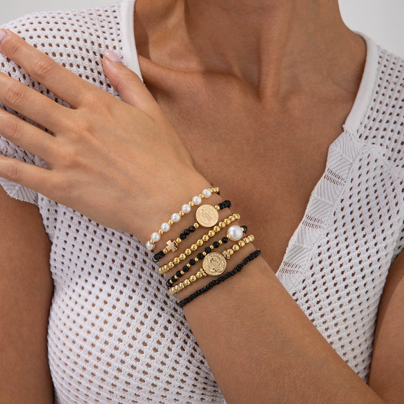 Bracelet Imitation Pearl Crystal Alloy Geometric Electroplated Stacked Style