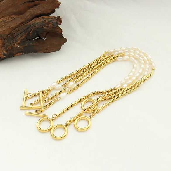 Bracelet Jewelry Freshwater Pearl Ot Buckle 316L Stainless Steel 18K Gold Plated Geometric Design For Women