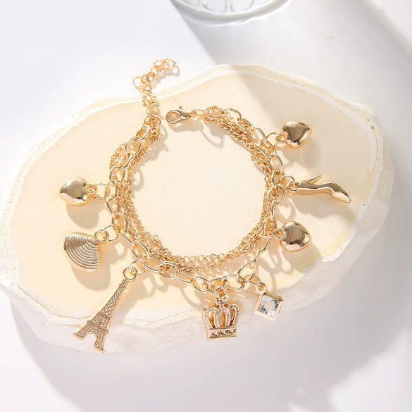 Bracelet Jewelry Multi Layer Heart Crown Pendant Lovely Style