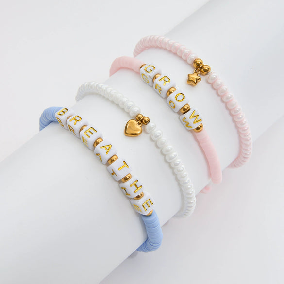 Bracelet Jewelry Stainless Steel Rice Beads Blue Soft Pottery Tree Resin French Retro Style With Letters Numbers Text Pattern