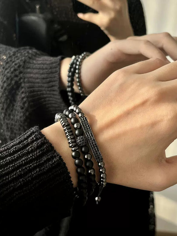 Bracelet Jewelry Wooden Beads Volcanic Stone Black Gallstone Black Frosted Geometric Handmade Unisex