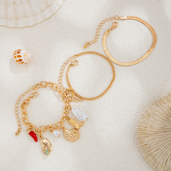 Bracelet Metal Conch Crab Pendant Iron Chain Copper Clad Iron Chain Alloy Imitation Pearl Geometric Electroplating