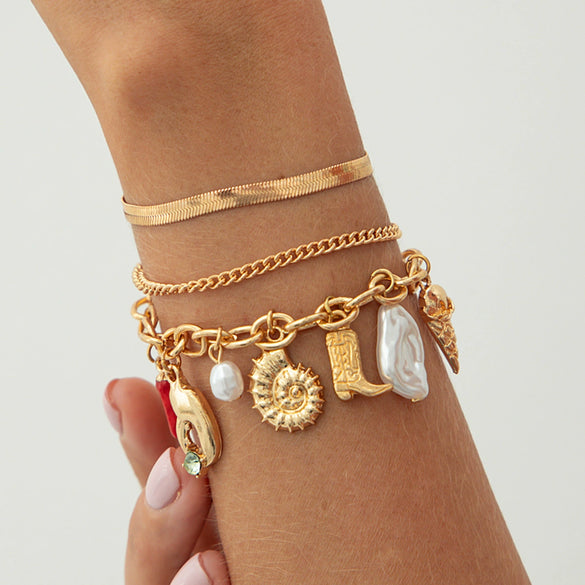 Bracelet Metal Conch Crab Pendant Iron Chain Copper Clad Iron Chain Alloy Imitation Pearl Geometric Electroplating