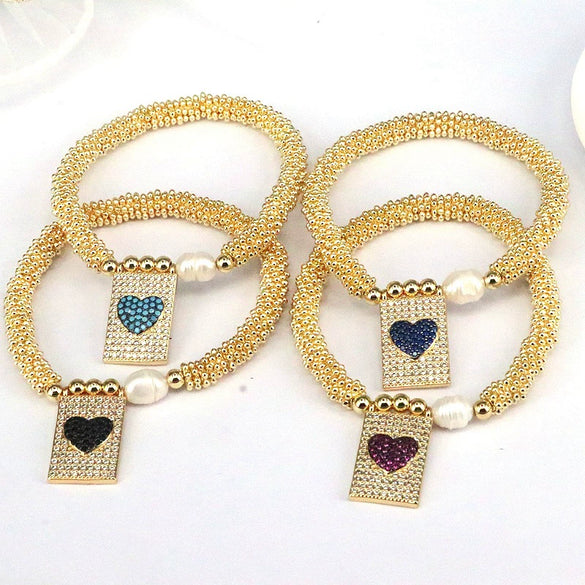 Bracelet Metal Heart Shaped Microinlay Love Rectangular Zirconium Beaded Unisex And Women's