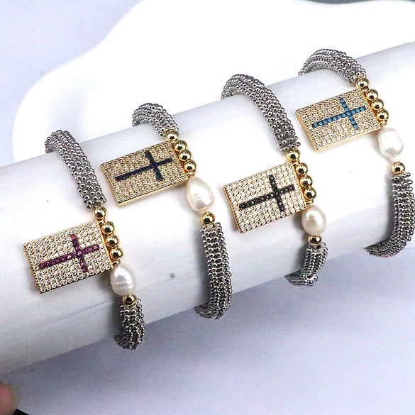 Bracelet Metal Rectangular Heart Microinlay Love Cross Beaded Zirconium Classic