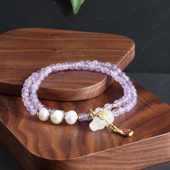 Bracelet Natural Amethyst Freshwater Pearl Crystal Handmade Double Circle Gourd Pendant Unisex