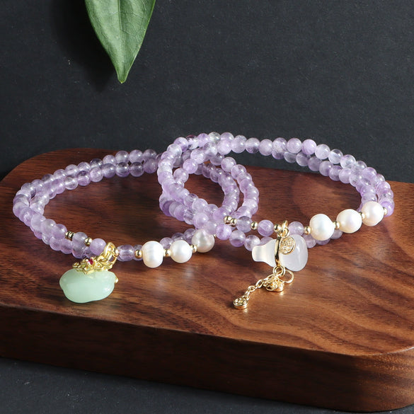 Bracelet Natural Amethyst Freshwater Pearl Crystal Handmade Double Circle Gourd Pendant Unisex