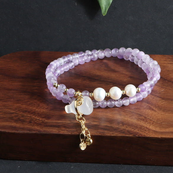 Bracelet Natural Amethyst Freshwater Pearl Crystal Handmade Double Circle Gourd Pendant Unisex