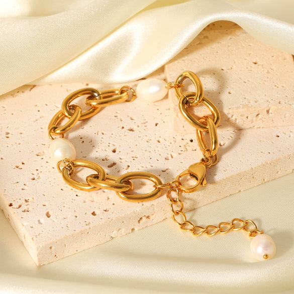 Bracelet Natural Freshwater Pearl Stainless Steel Geometric Electroplating Jewelry For Women