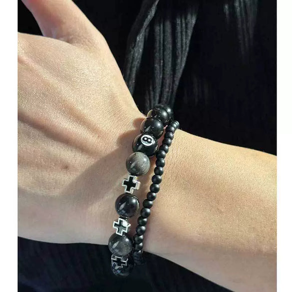 Bracelet Obsidian Stone Alloy Geometric Handmade Cross