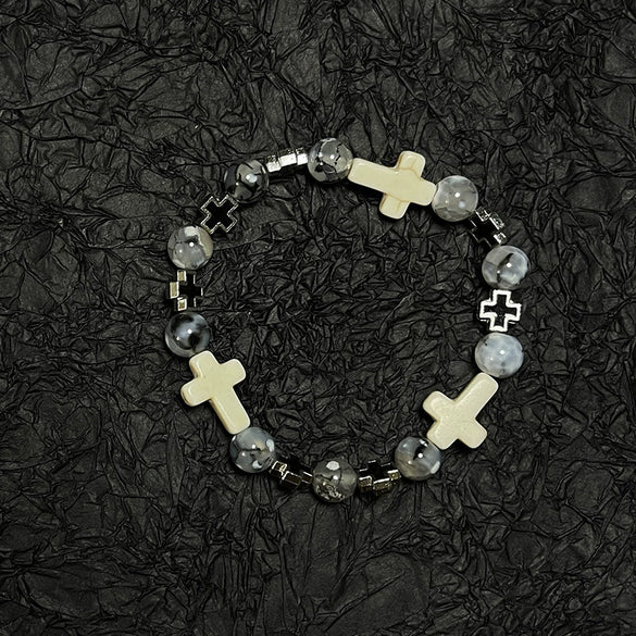 Bracelet Obsidian Stone Alloy Geometric Handmade Cross