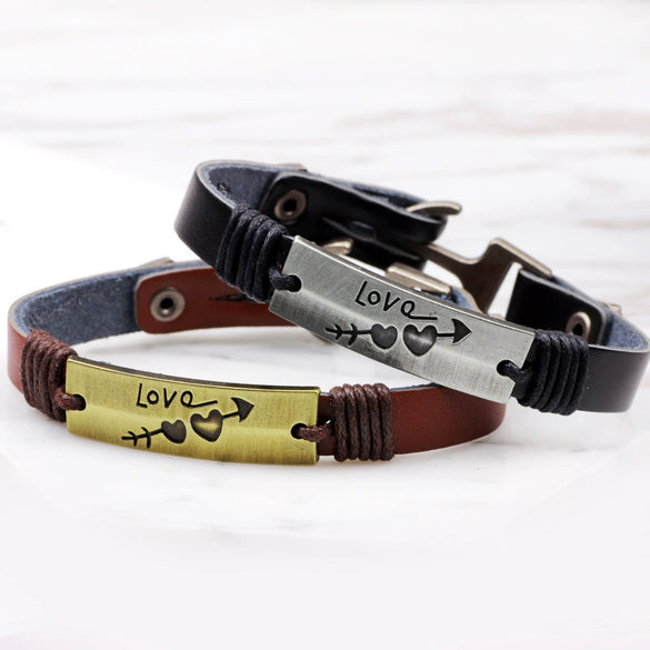 Bracelet Real Cowhide Alloy Heart Dripping Oil Fashion Old Couple Style