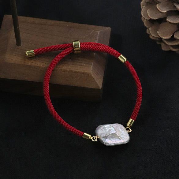 Bracelet Red Rope Baroque Sugar Cube Pearl Knitted Women's Fashion Versatile