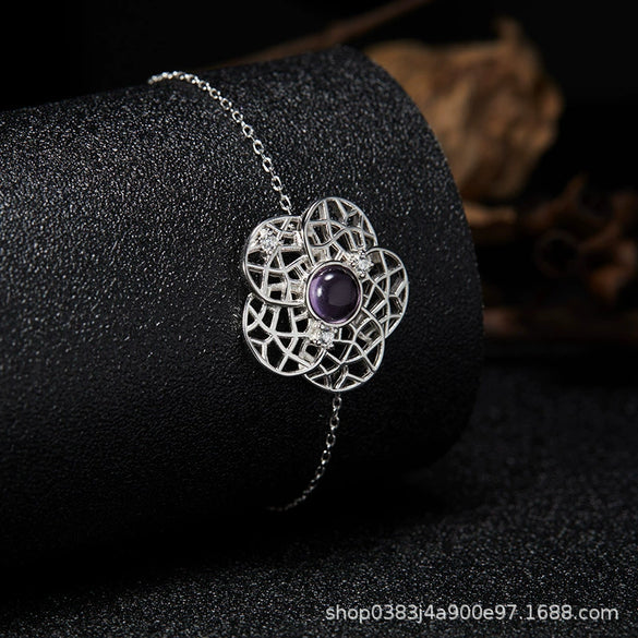 Bracelet S925 Sterling Silver Crystal Flower Geometric Set With Gems For Women