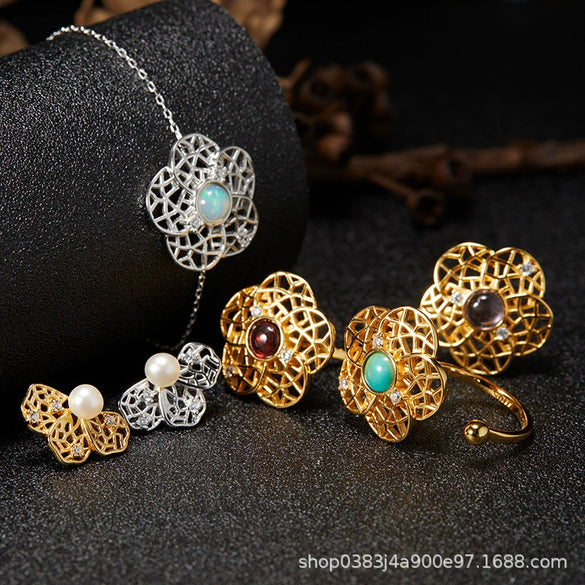 Bracelet S925 Sterling Silver Crystal Flower Geometric Set With Gems For Women
