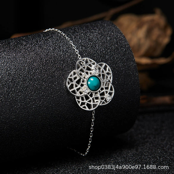 Bracelet S925 Sterling Silver Crystal Flower Geometric Set With Gems For Women