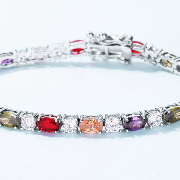 Bracelet S925 Sterling Silver Eggshaped Rainbow Zircon Geometric Retro Simple Style