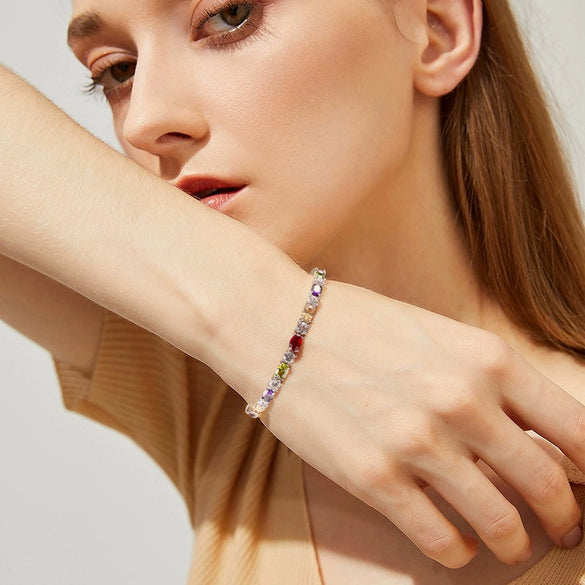 Bracelet S925 Sterling Silver Eggshaped Rainbow Zircon Geometric Retro Simple Style
