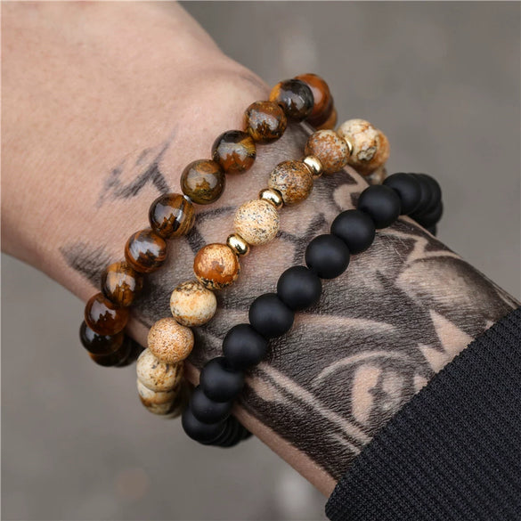 Bracelet Set Black Frosted Map Wood Beads Black Iron Stone Geometric Handmade