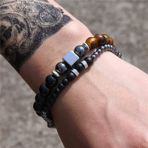 Bracelet Set Crystal Black Frosted Tiger's Eye Iron Stone Cube Unisex Round Style