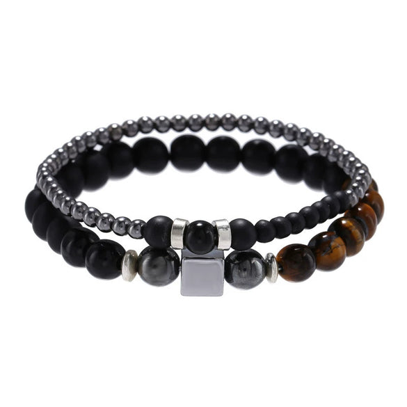 Bracelet Set Crystal Black Frosted Tiger's Eye Iron Stone Cube Unisex Round Style