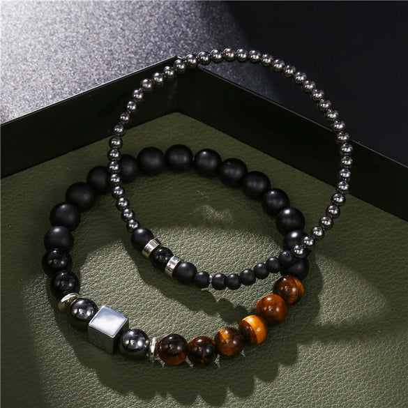 Bracelet Set Crystal Black Frosted Tiger's Eye Iron Stone Cube Unisex Round Style