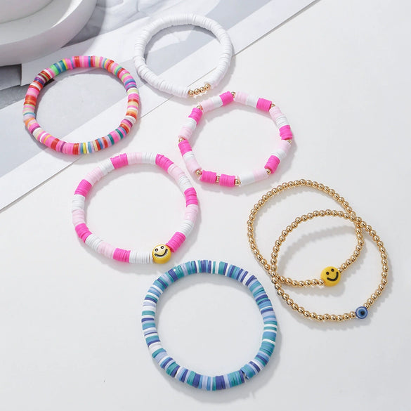Bracelet Set Multilayer Stretch Line Flat Beads Geometric Smiley Women's Retro Bohemian Style