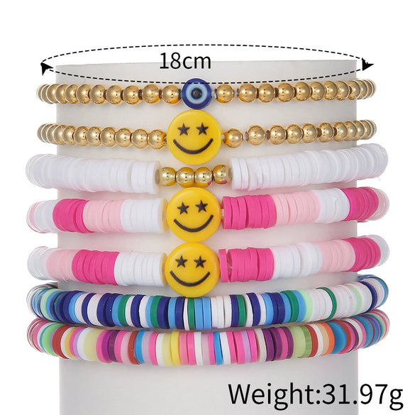Bracelet Set Multilayer Stretch Line Flat Beads Geometric Smiley Women's Retro Bohemian Style